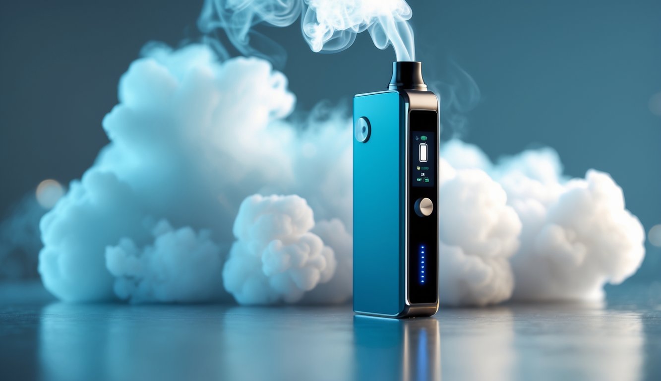 Perangkat vape modern dengan uap tebal keluar dan indikator baterai menyala di permukaan reflektif.
