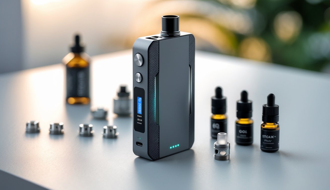 Sebuah perangkat vape mod modern ditempatkan di atas permukaan putih dengan beberapa aksesori vape di sekitarnya.