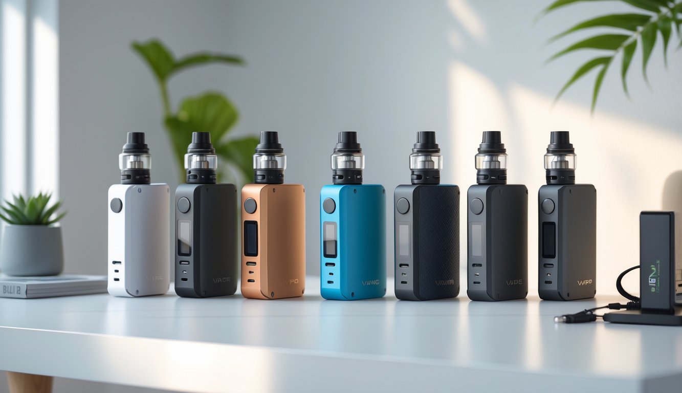 Beberapa mod vape dengan desain berbeda ditata rapi di atas meja putih dengan pencahayaan alami.