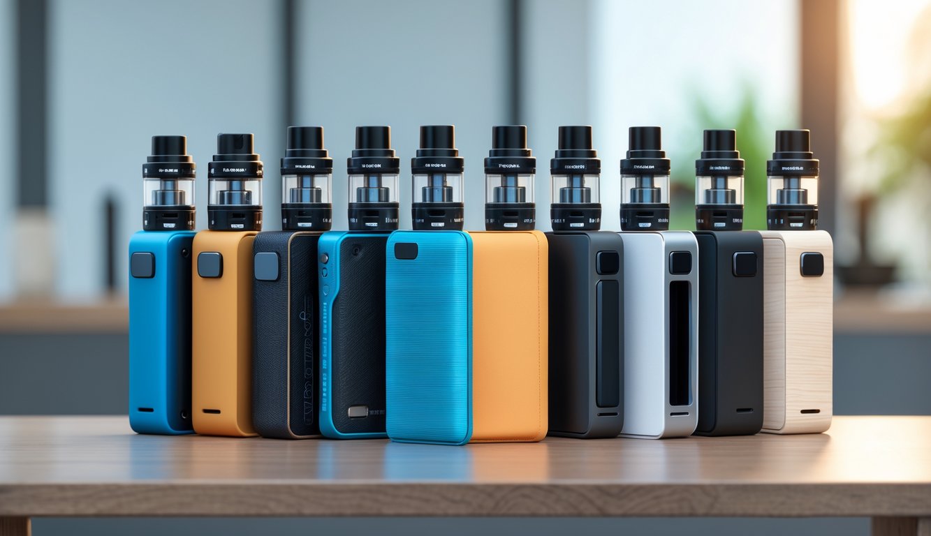 Beberapa mod vape berwarna-warni tersusun rapi di atas meja kayu dengan latar belakang buram.