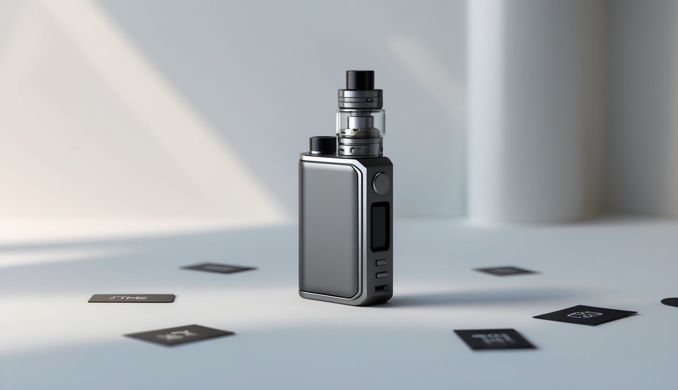 Sebuah perangkat mod vape modern dan elegan diletakkan di atas permukaan bersih dengan latar belakang buram.