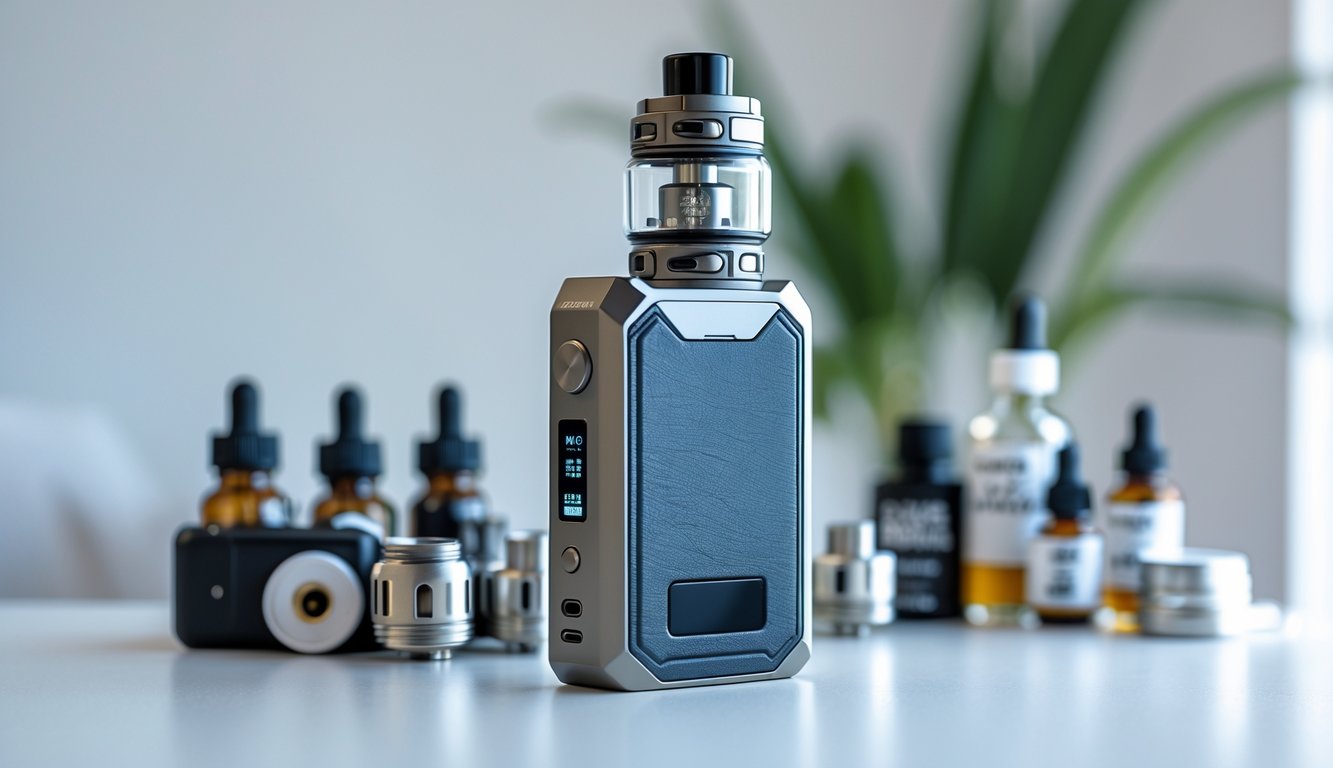 Sebuah perangkat vape mod modern diletakkan di atas permukaan putih dengan aksesori vape di sekitarnya.