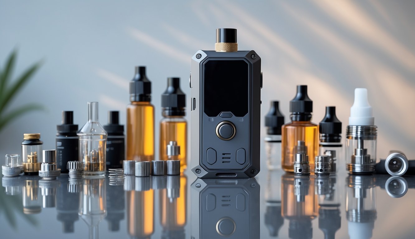 Sebuah perangkat vape mod modern diletakkan di atas permukaan reflektif dengan beberapa aksesori vape di sekitarnya.