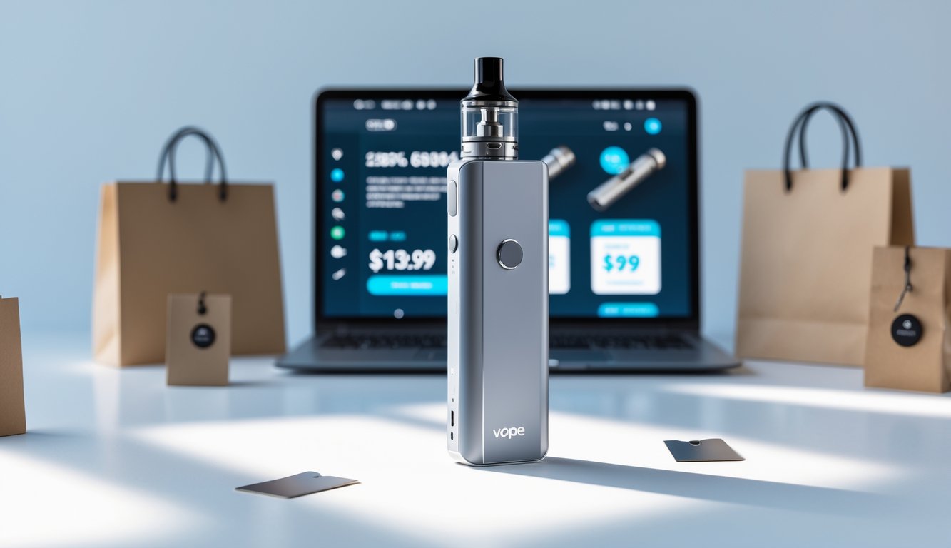 Sebuah perangkat vape modern diletakkan di atas meja dengan latar belakang toko online dan tas belanja.
