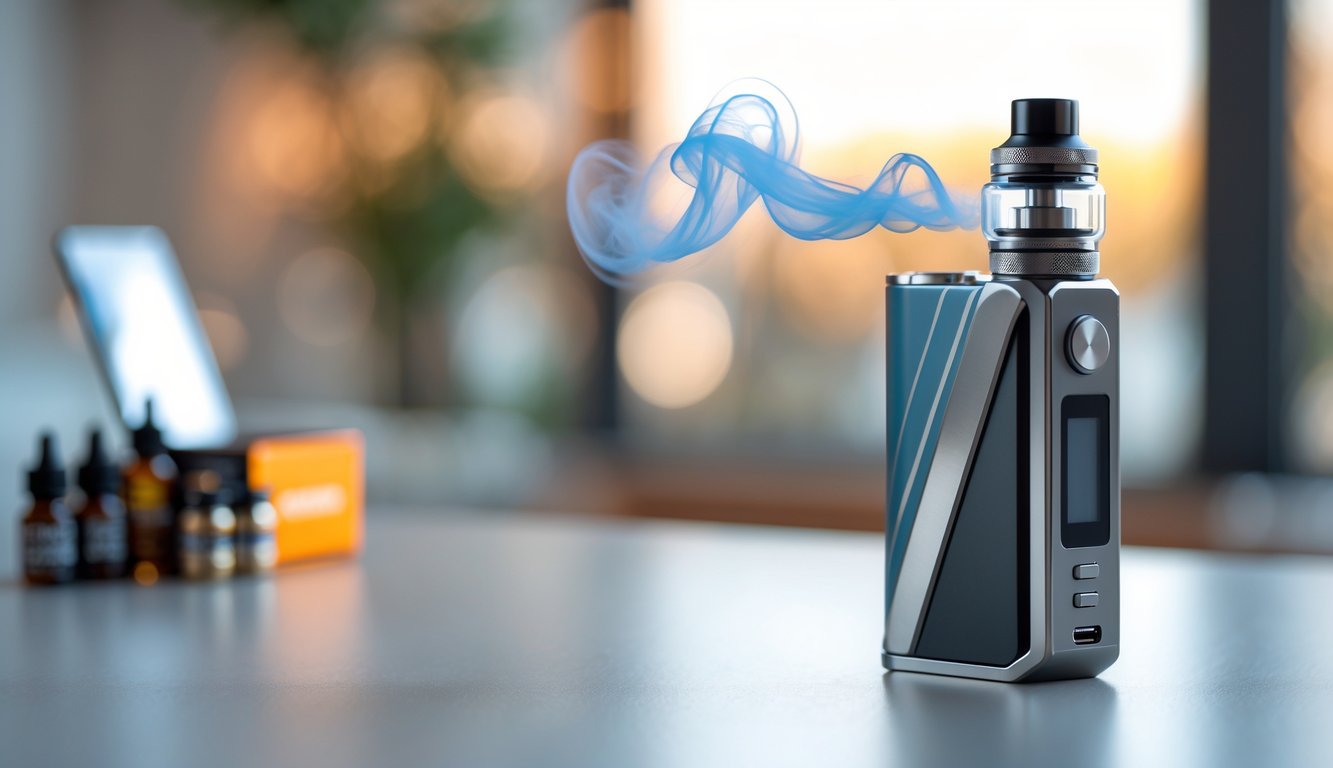 Mod vape modern ditempatkan di atas permukaan bersih dengan uap tipis yang naik, latar belakang kabur dengan suasana hangat.