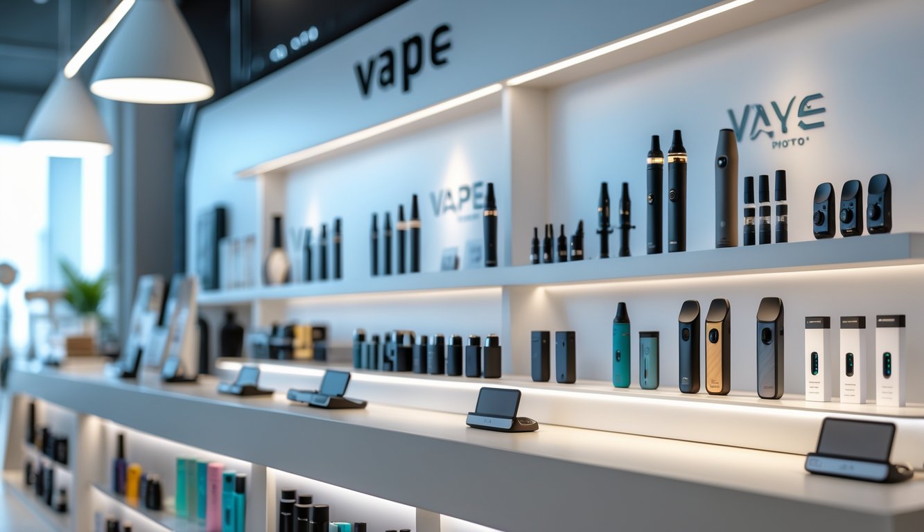 Etalase toko vape yang rapi dengan berbagai perangkat vape dan aksesoris yang tersusun dengan baik.
