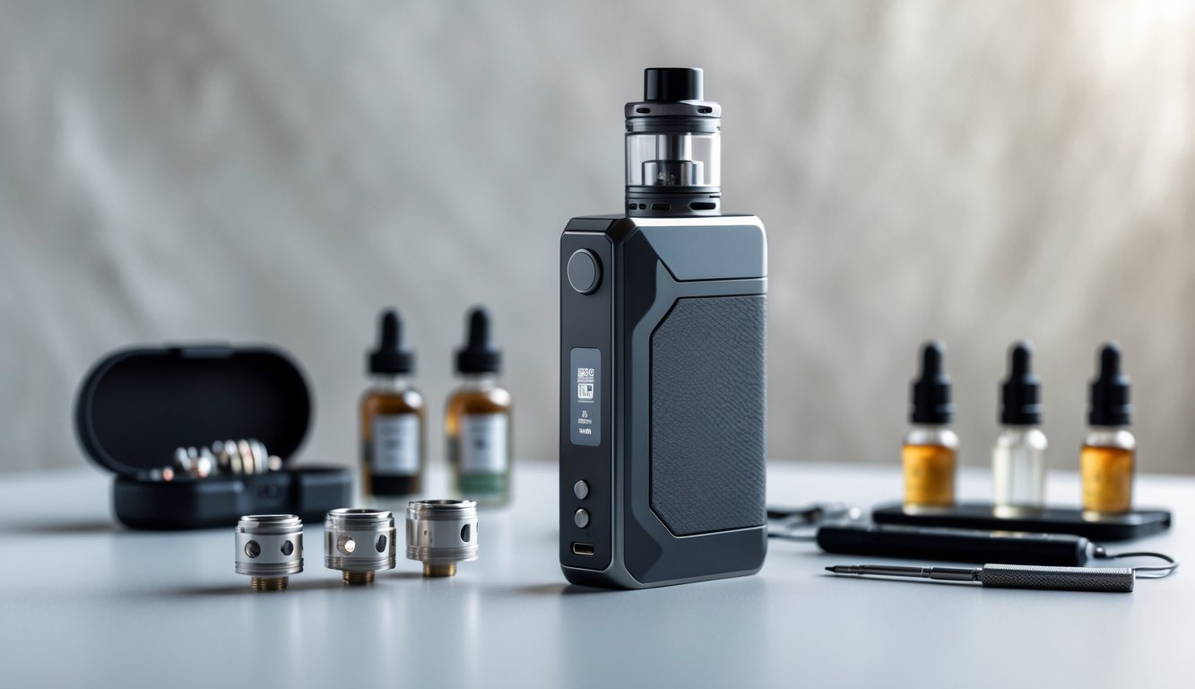 Perangkat mod vape modern diletakkan di atas permukaan bersih dengan beberapa aksesori vape di sekitarnya.