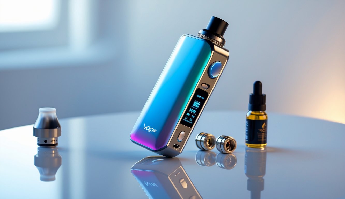 Sebuah perangkat vape mod modern dengan desain keren dan indikator baterai menyala, diletakkan di atas permukaan reflektif dengan latar belakang buram.
