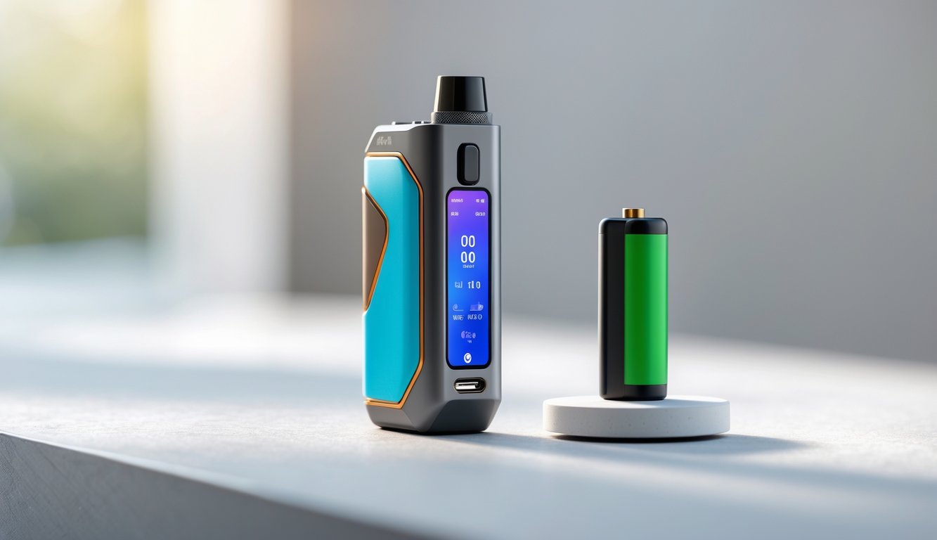 Sebuah perangkat vape mod modern dengan baterai yang terlihat di atas permukaan bersih.