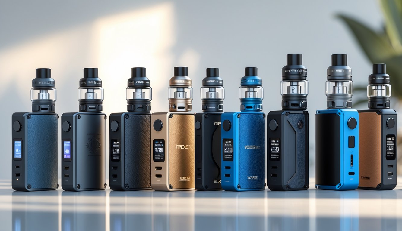 Beberapa perangkat vape dari berbagai merek terbaik tersusun rapi di atas permukaan bersih dengan pencahayaan alami.