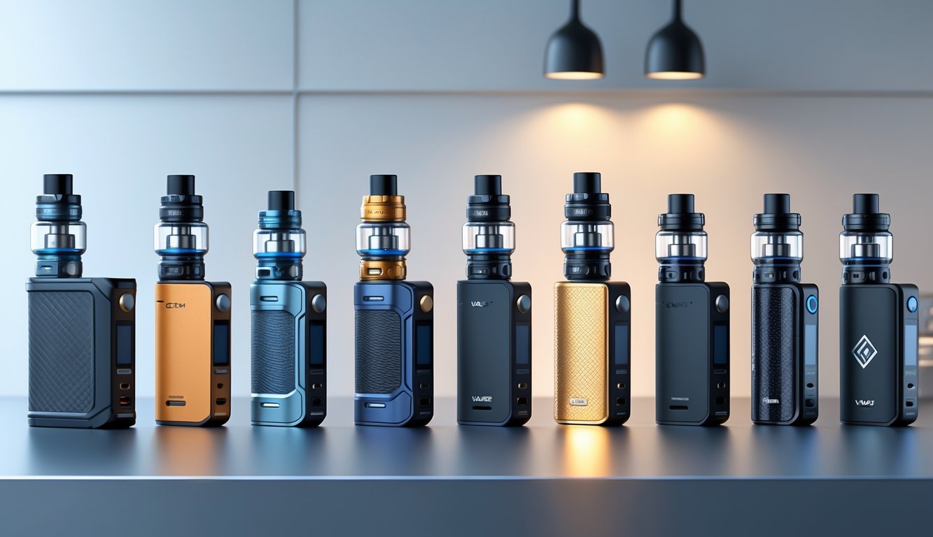 Beberapa perangkat vape mod dengan desain dan warna berbeda yang ditata rapi di atas permukaan modern tanpa teks.