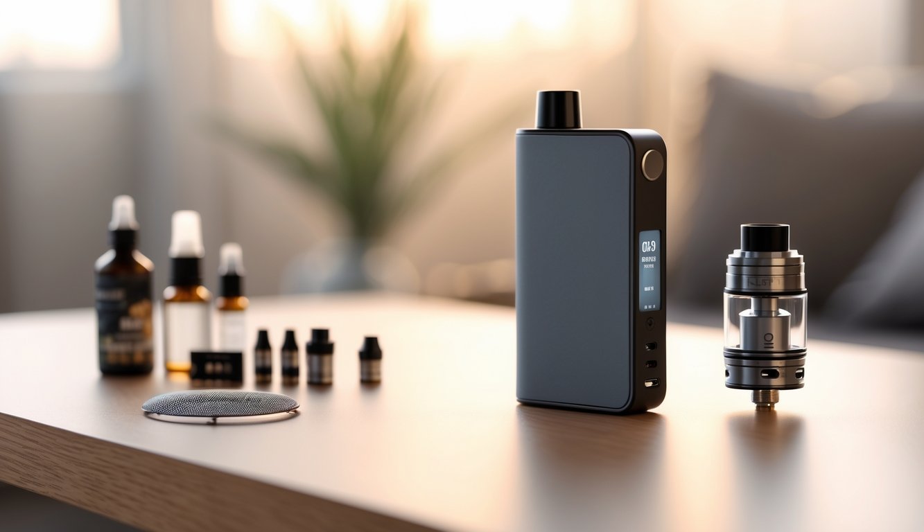 Perangkat vape mod modern diletakkan di atas meja kayu dengan beberapa aksesori vape di sampingnya.