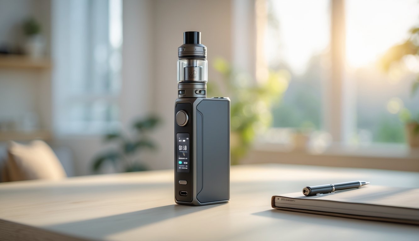 Perangkat vape mod modern diletakkan di atas meja kayu dengan latar dalam ruangan yang hangat dan cahaya alami.