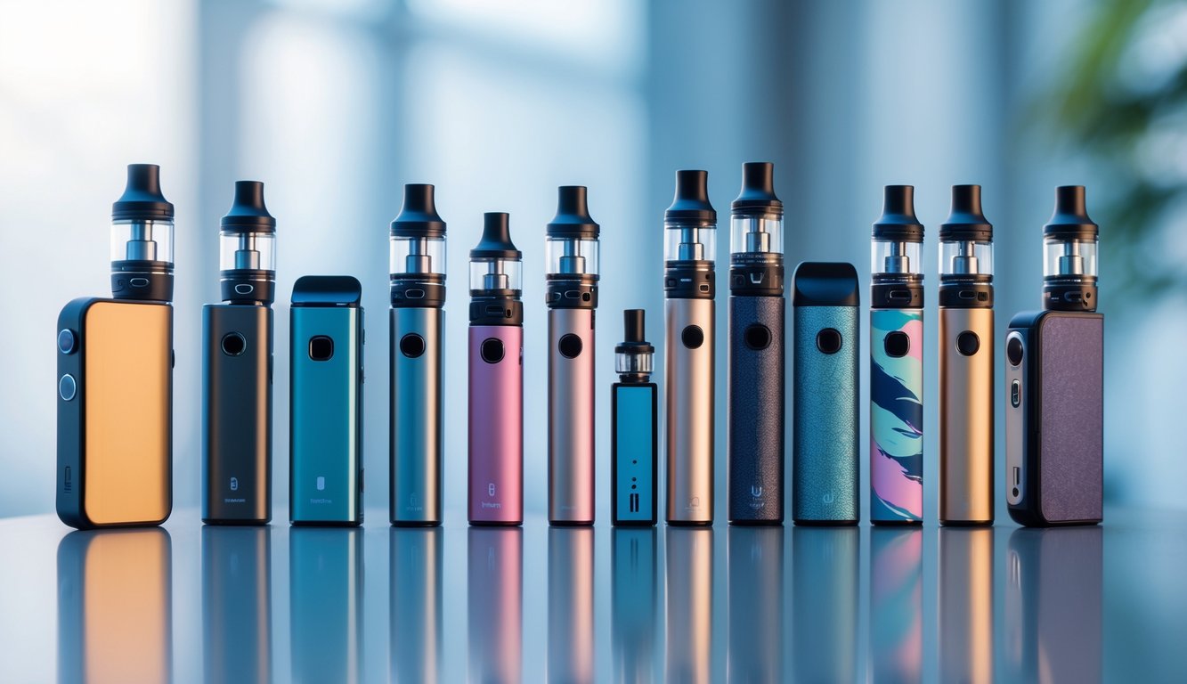 Beberapa perangkat vape modern tersusun rapi di atas permukaan reflektif dengan latar belakang buram.