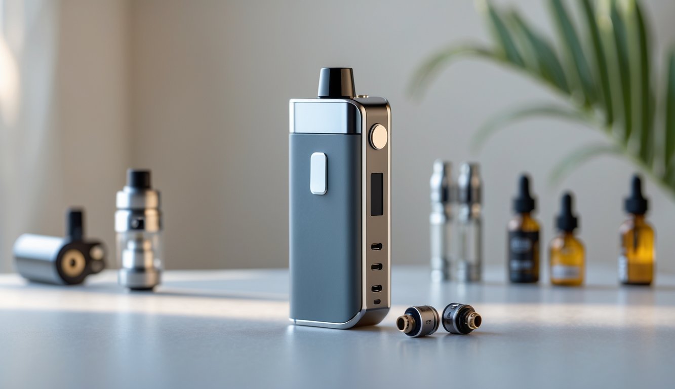 Perangkat mod vape modern dengan aksesori vaping di atas permukaan bersih.