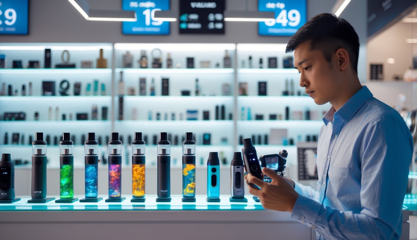 Seorang pria memegang perangkat vape di toko vape modern dengan rak kaca berisi berbagai perangkat vape dan aksesoris.