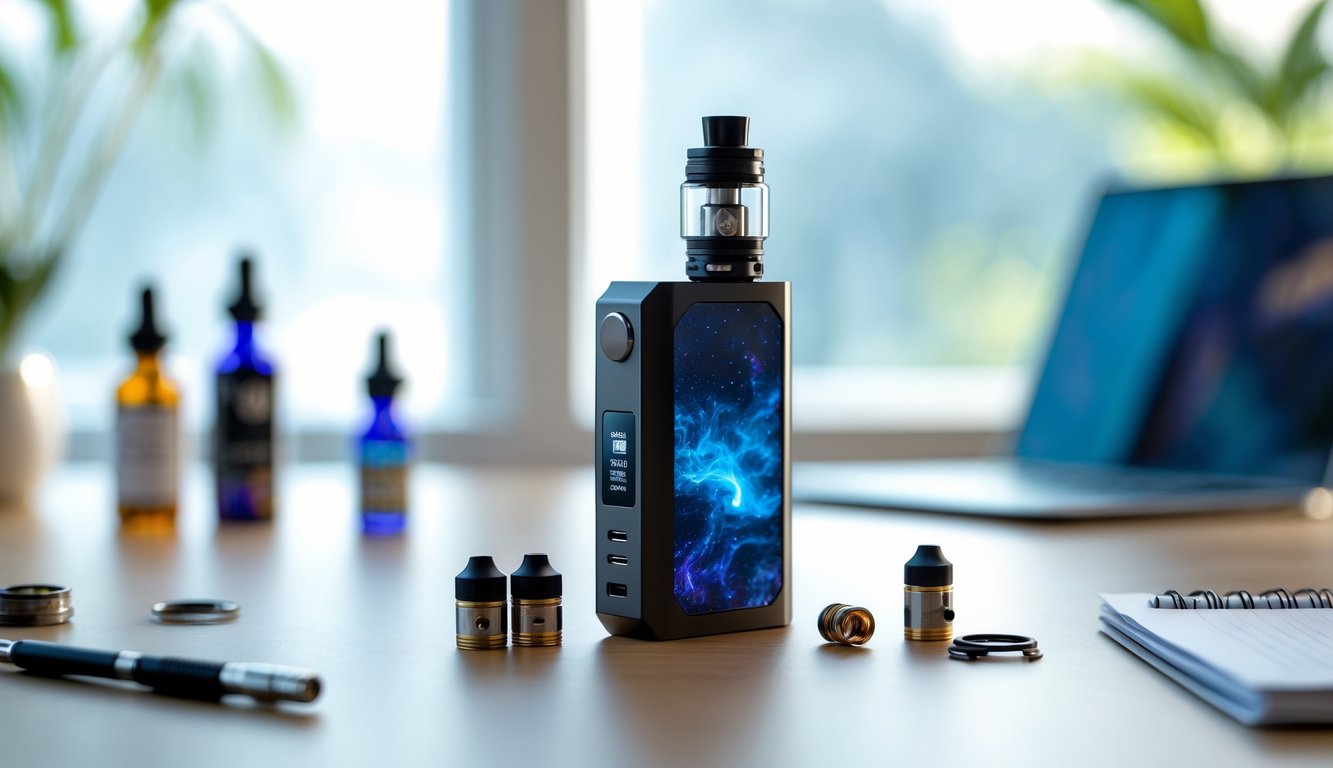 Mod vape modern diletakkan di atas meja kayu dengan aksesori vape kecil di sekitarnya dan latar belakang laptop serta buku catatan yang samar.
