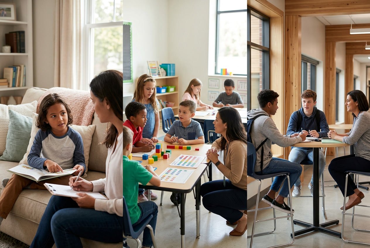Niños y adolescentes en casa, escuela y liceo en ambientes atentos y de apoyo, interactuando con adultos en situaciones de observación.