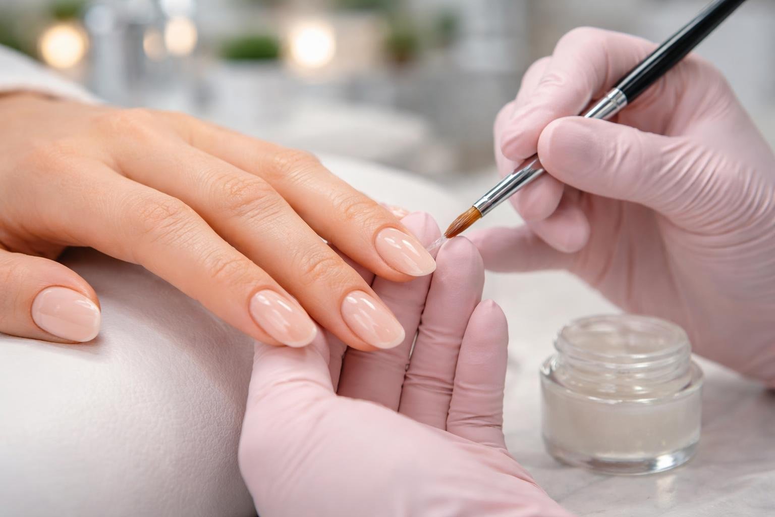 Close-up of a nail technician applying gel nails to a client's hands in a nail salon.