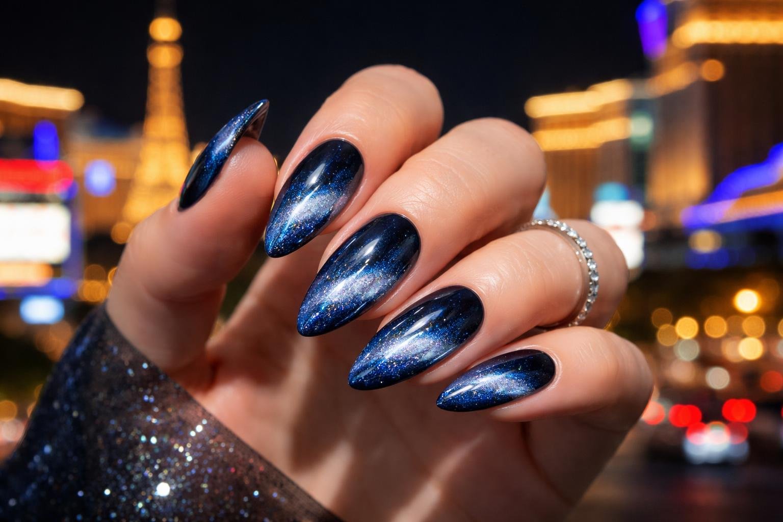 A close-up of a hand with cat eye manicured nails against a blurred background of the Las Vegas Strip at night.