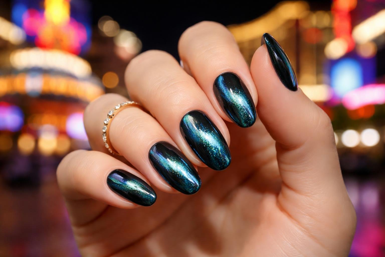 Close-up of a woman's hand with shiny cat eye nails against a blurred colorful Las Vegas nightlife background.