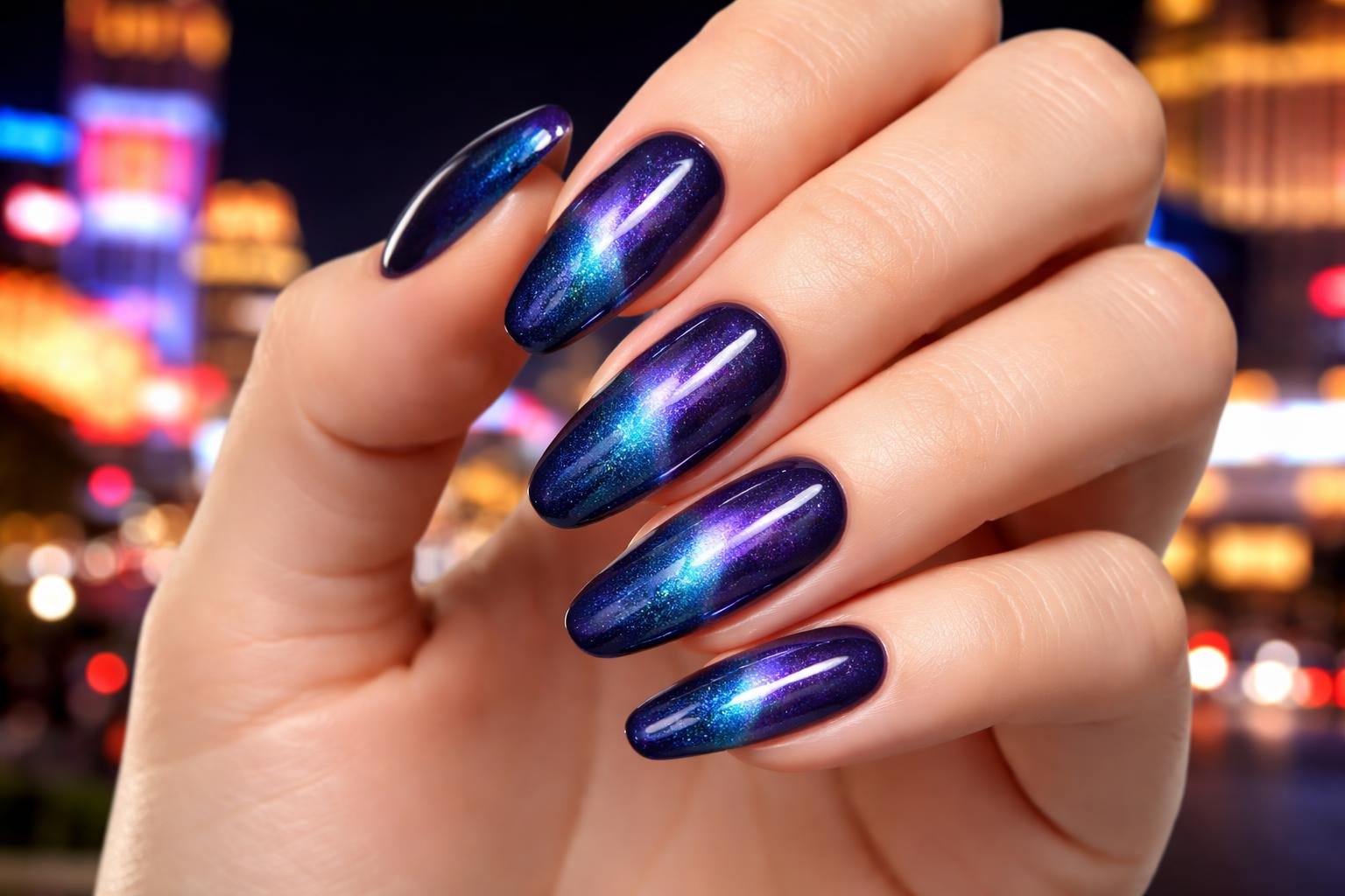 A close-up of a woman's hand with shiny cat eye nail polish against a blurred background of colorful neon lights.