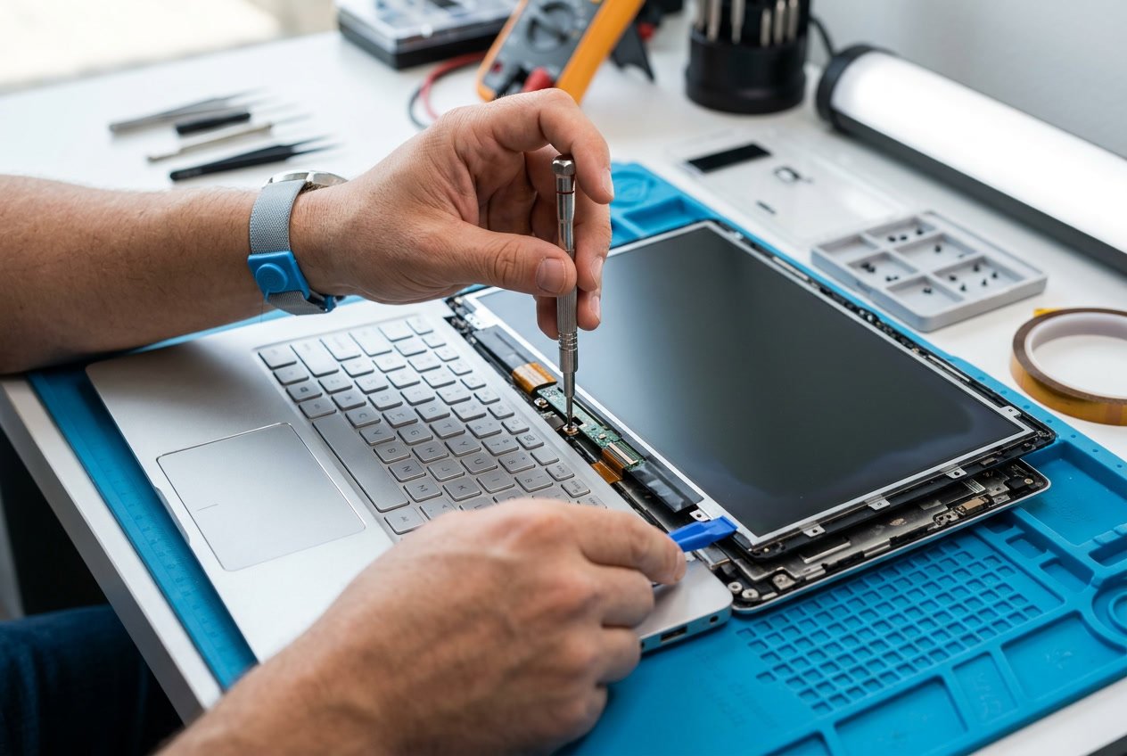 Close-up of hands repairing a laptop screen with tools on a clean workspace.