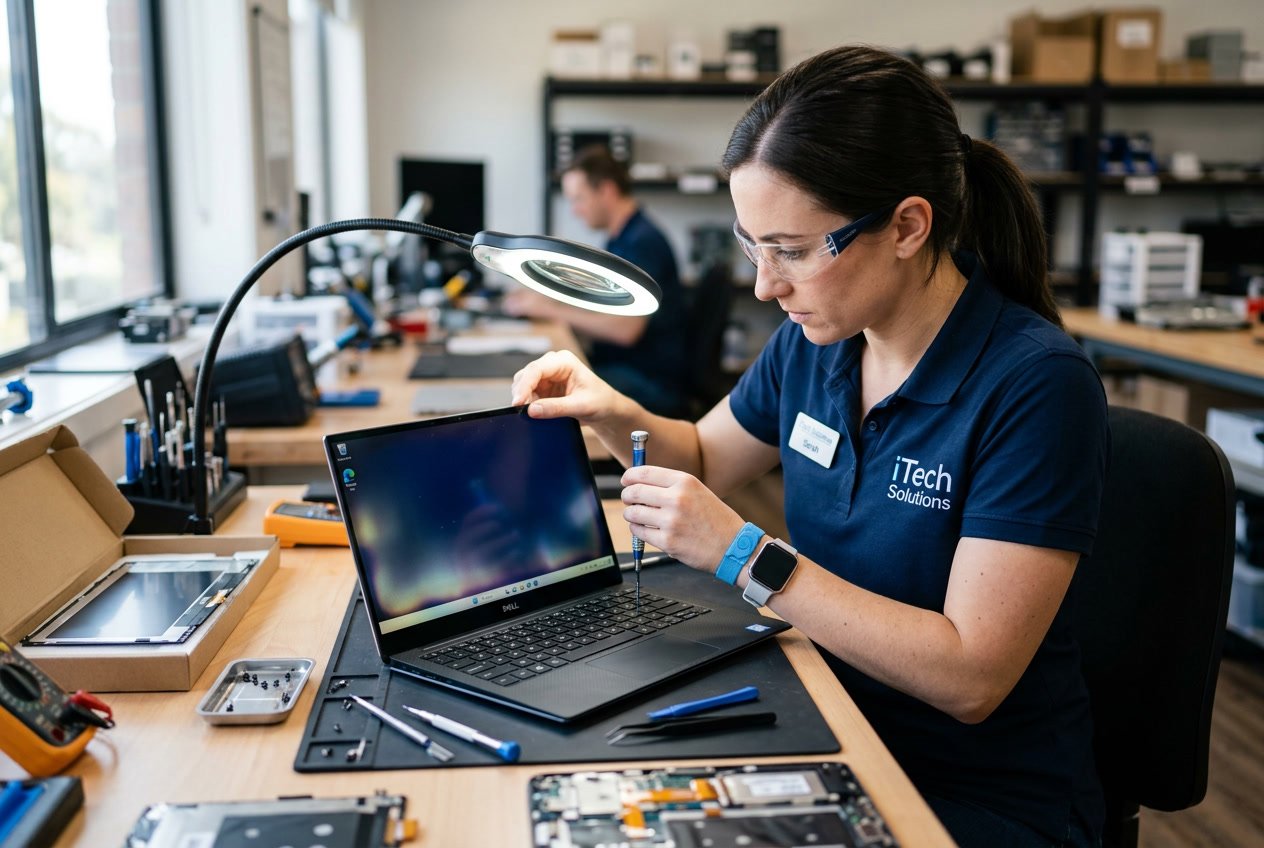 A technician repairing a laptop with screen bleeding on a clean desk using precision tools.