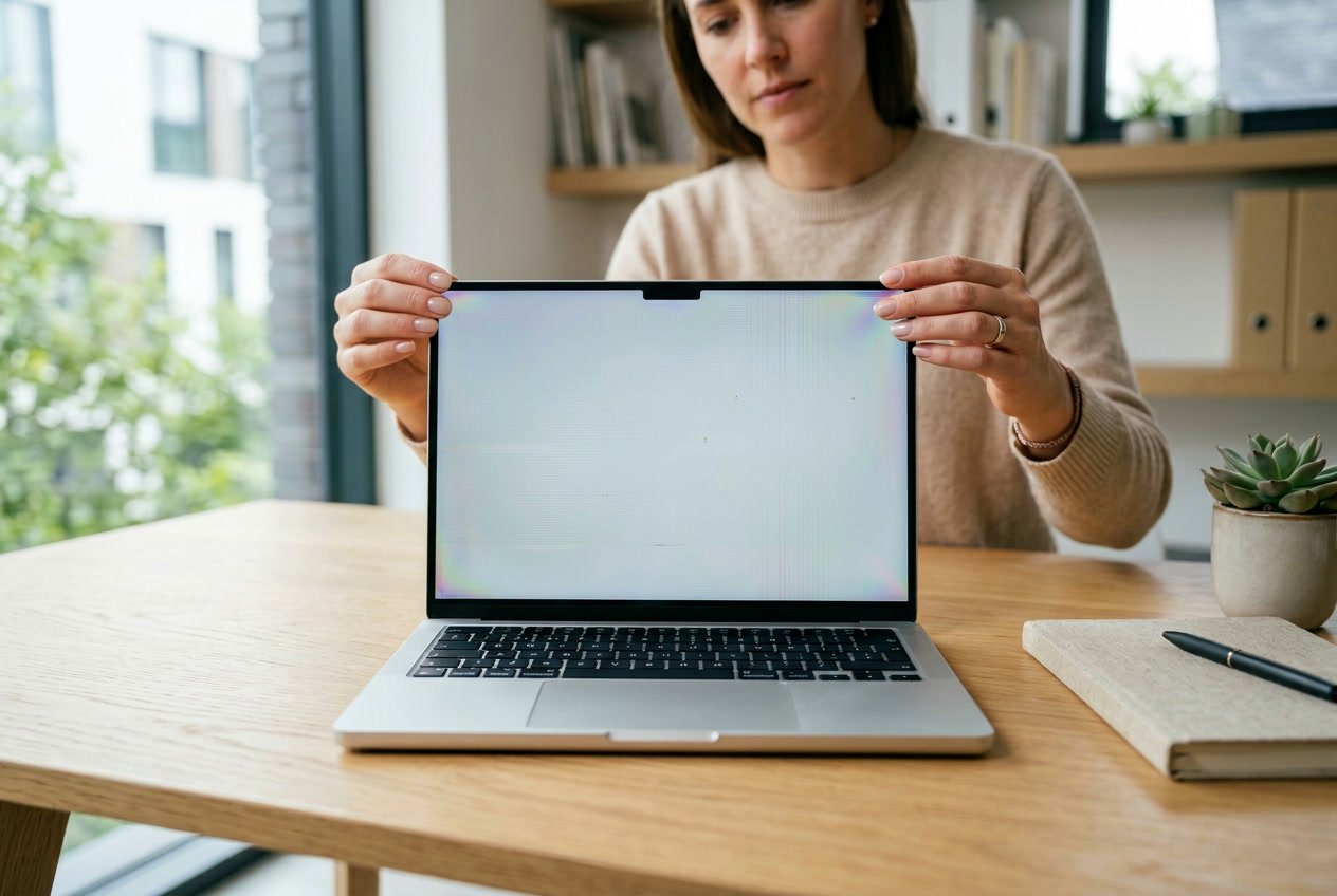 Hands inspecting a laptop screen on a clean desk in a bright office environment.