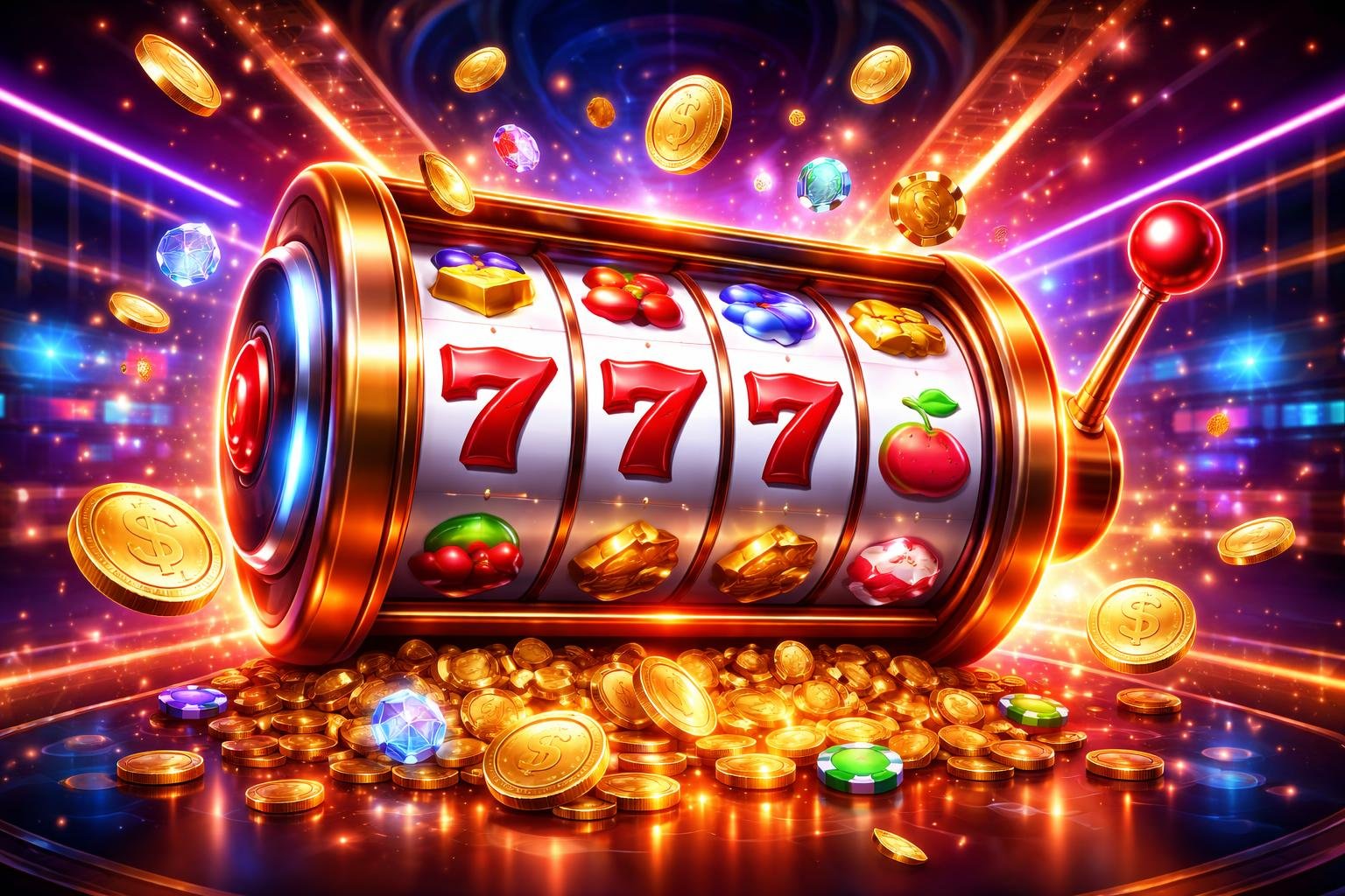 Mesin slot digital berwarna-warni dengan simbol klasik berputar di latar kasino futuristik yang mewah.