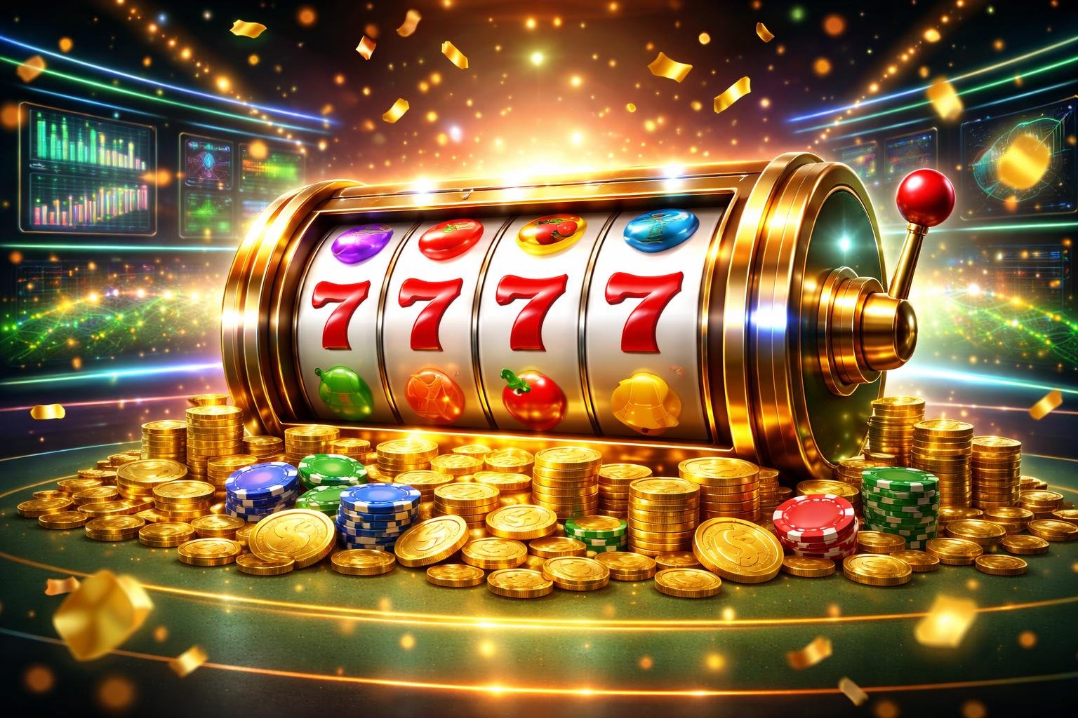 Suasana mesin slot online yang berwarna-warni dengan lampu berkilauan dan dekorasi perayaan yang menunjukkan bonus selamat datang untuk anggota baru.