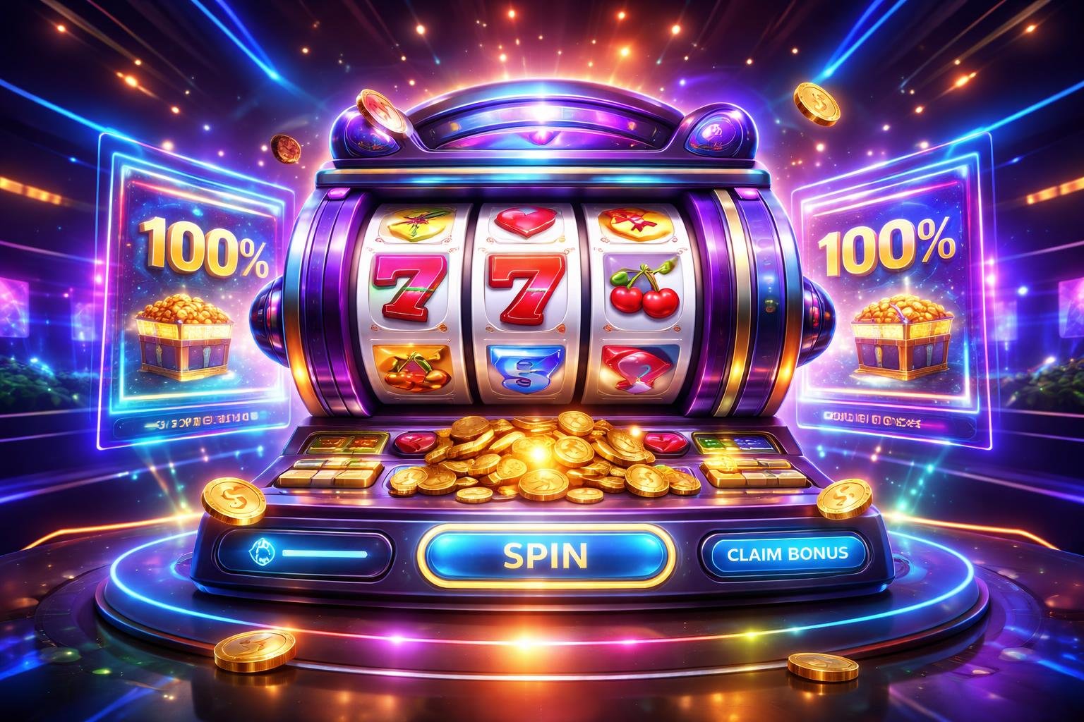 Tampilan mesin slot digital berwarna-warni dengan simbol buah dan koin emas di lingkungan kasino modern yang futuristik.