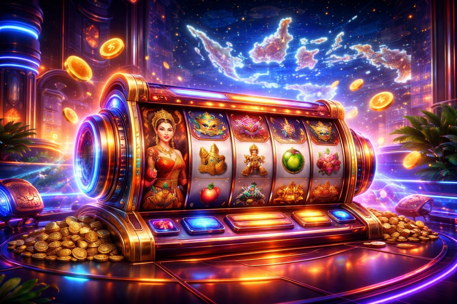 Tampilan mesin slot online dengan motif tradisional Indonesia di latar belakang peta digital Indonesia yang bercahaya.