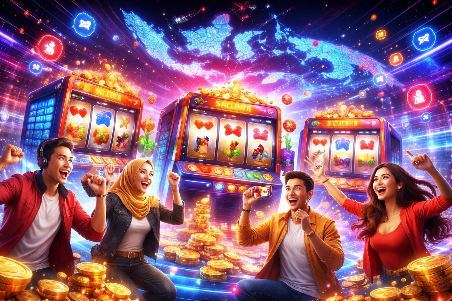 Pemandangan mesin slot digital yang dikelilingi oleh pemain Indonesia dengan latar belakang peta Indonesia yang bercahaya.