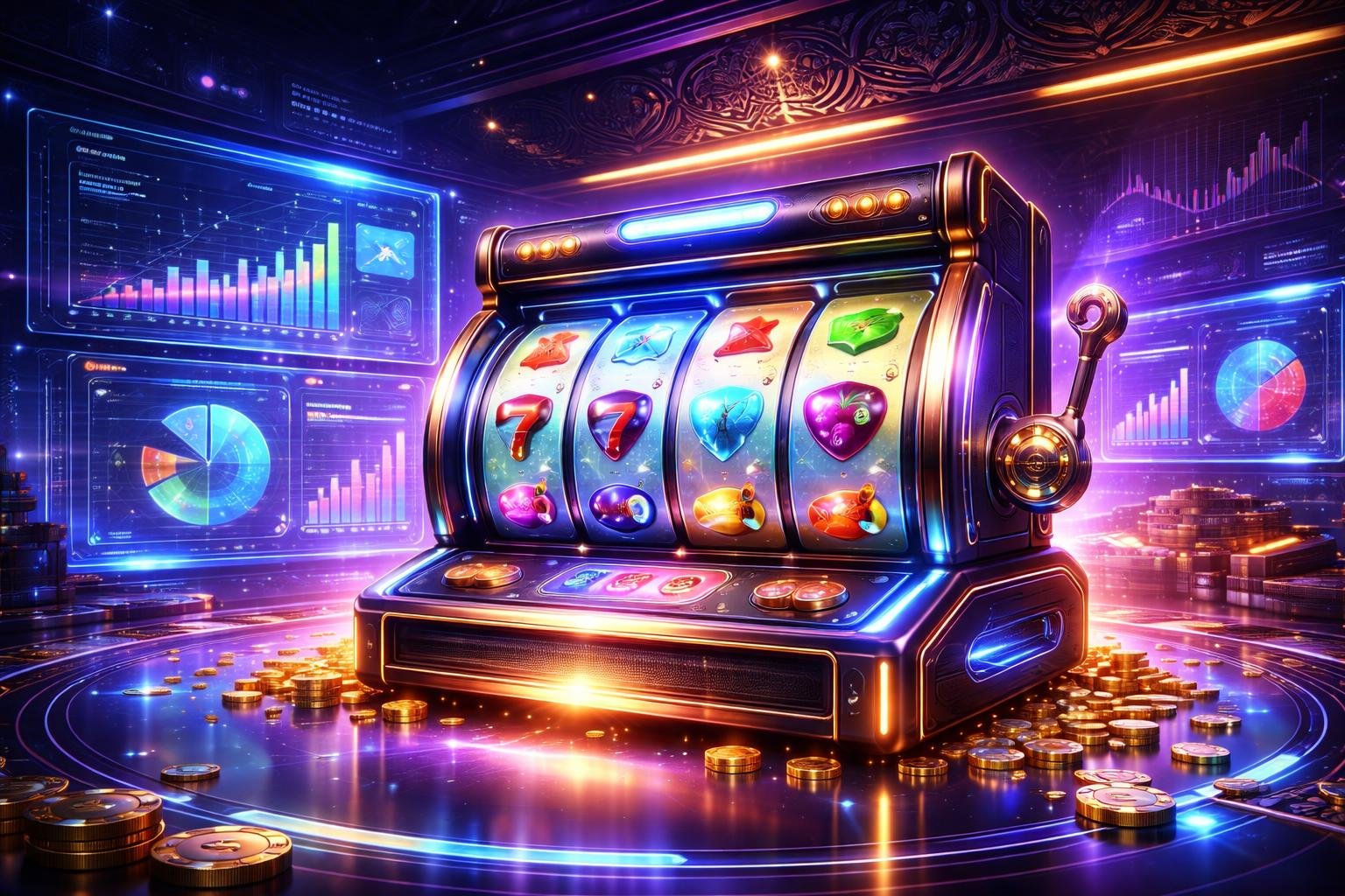 Sebuah mesin slot modern dengan tampilan digital dan grafik yang menggambarkan perkembangan industri slot online di Indonesia.