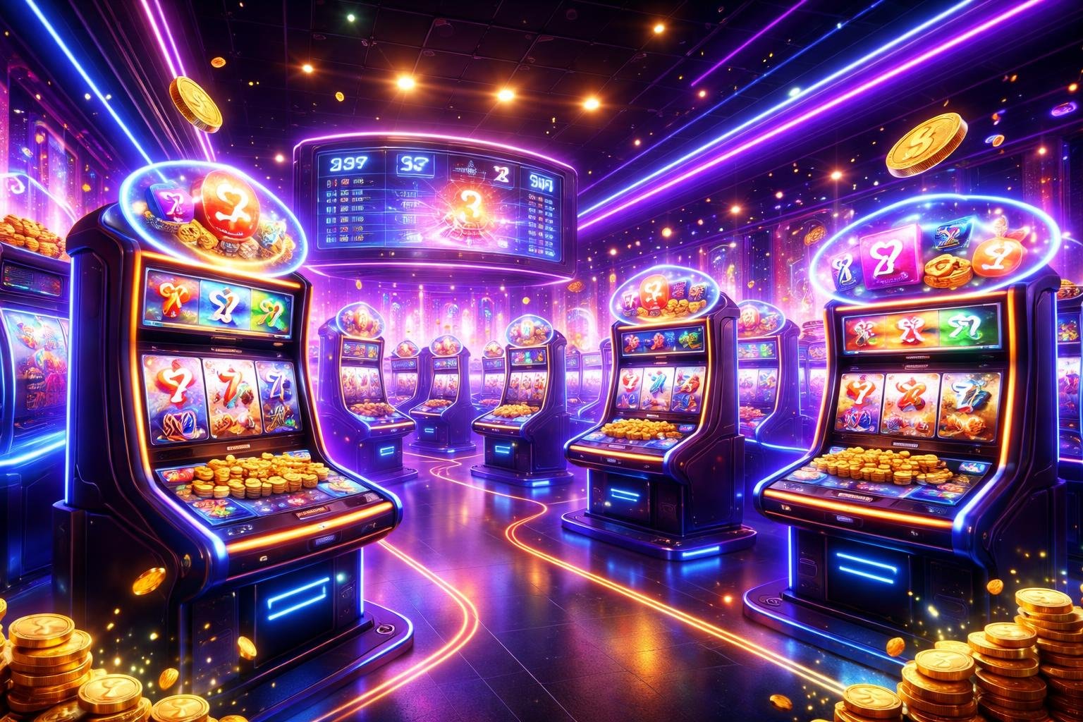 Pemandangan interior kasino digital futuristik dengan mesin slot dan layar holografik yang menampilkan simbol keberuntungan dan jackpot, suasana penuh cahaya neon dan efek animasi yang hidup.