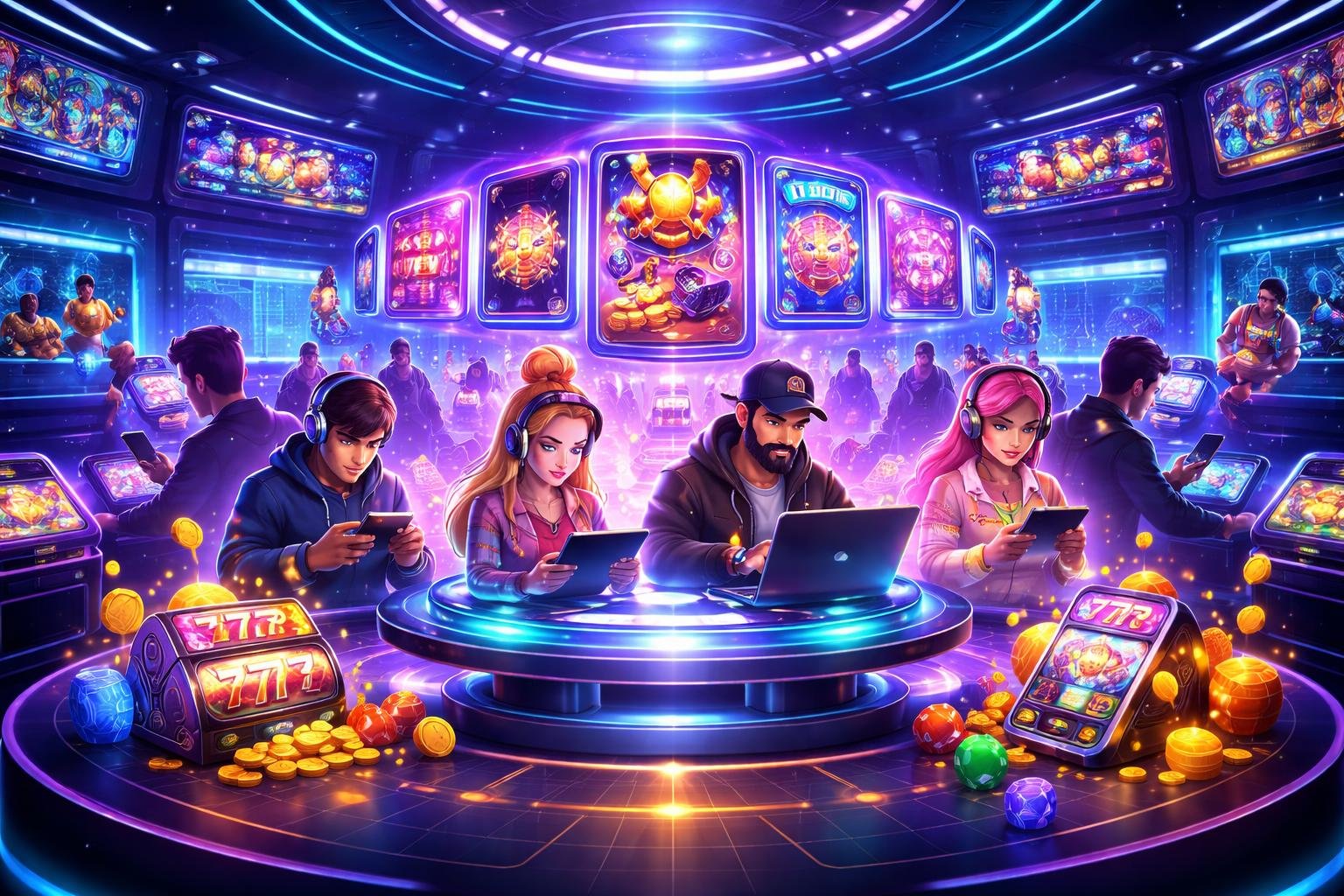 Tampilan 3D dari sebuah ruang kontrol digital futuristik dengan avatar pemain dan ikon permainan yang berwarna-warni, menggambarkan suasana aktif dan populer dari platform game online WADUK89.