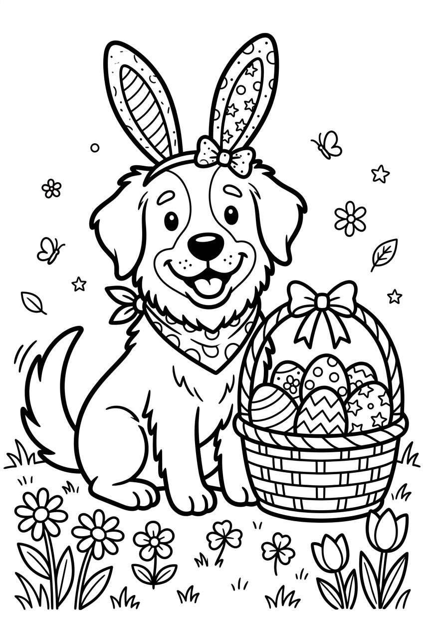 A happy dog wearing bunny ears sitting next to a basket of Easter eggs surrounded by flowers and grass.