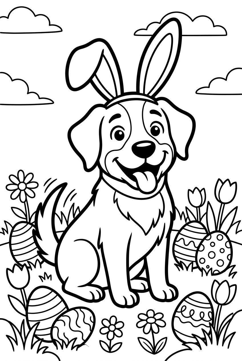A happy dog wearing bunny ears surrounded by Easter eggs and flowers.