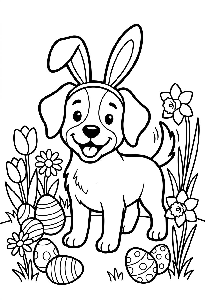 A happy dog wearing bunny ears surrounded by Easter eggs and spring flowers.