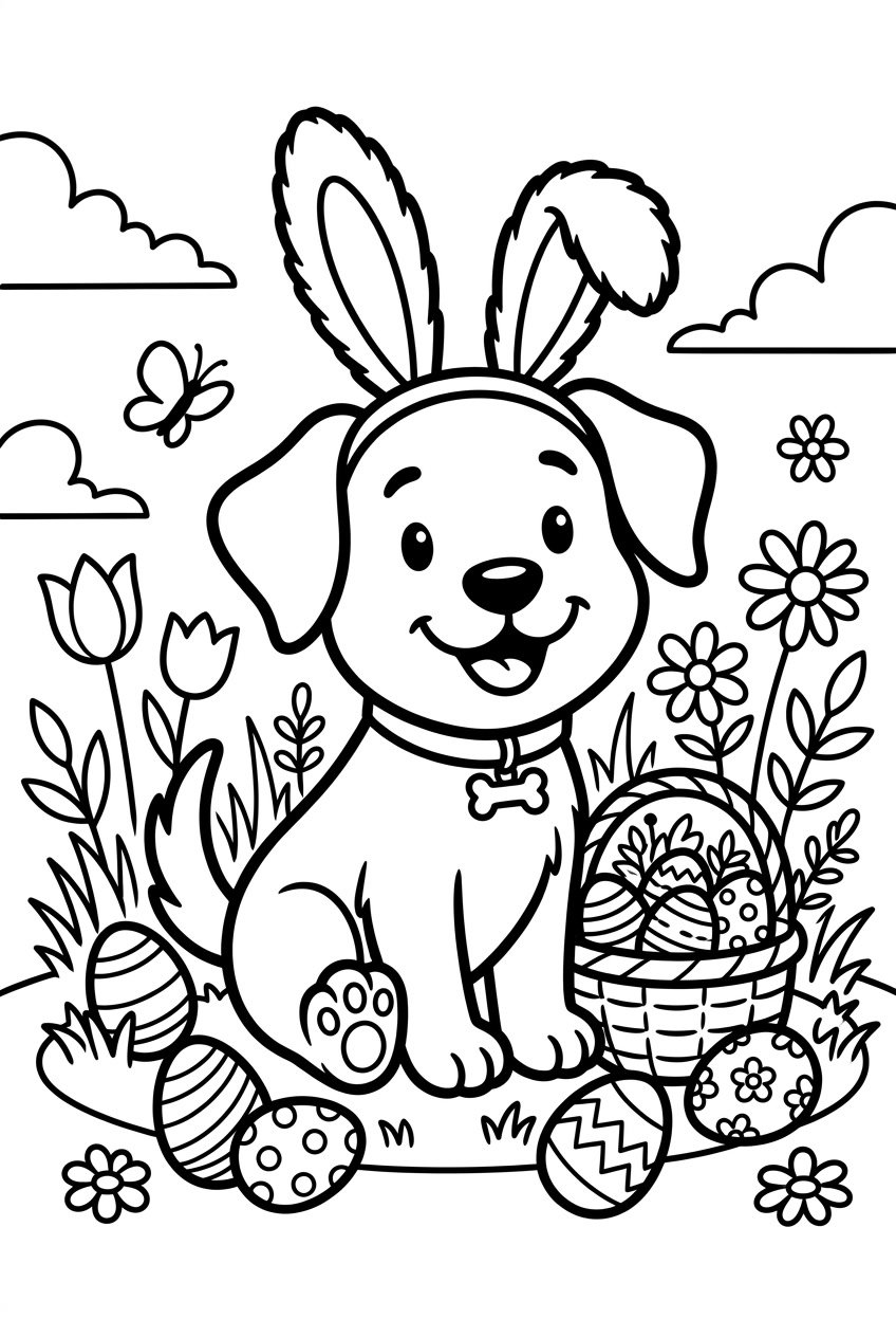 A playful dog surrounded by decorated Easter eggs and spring flowers.