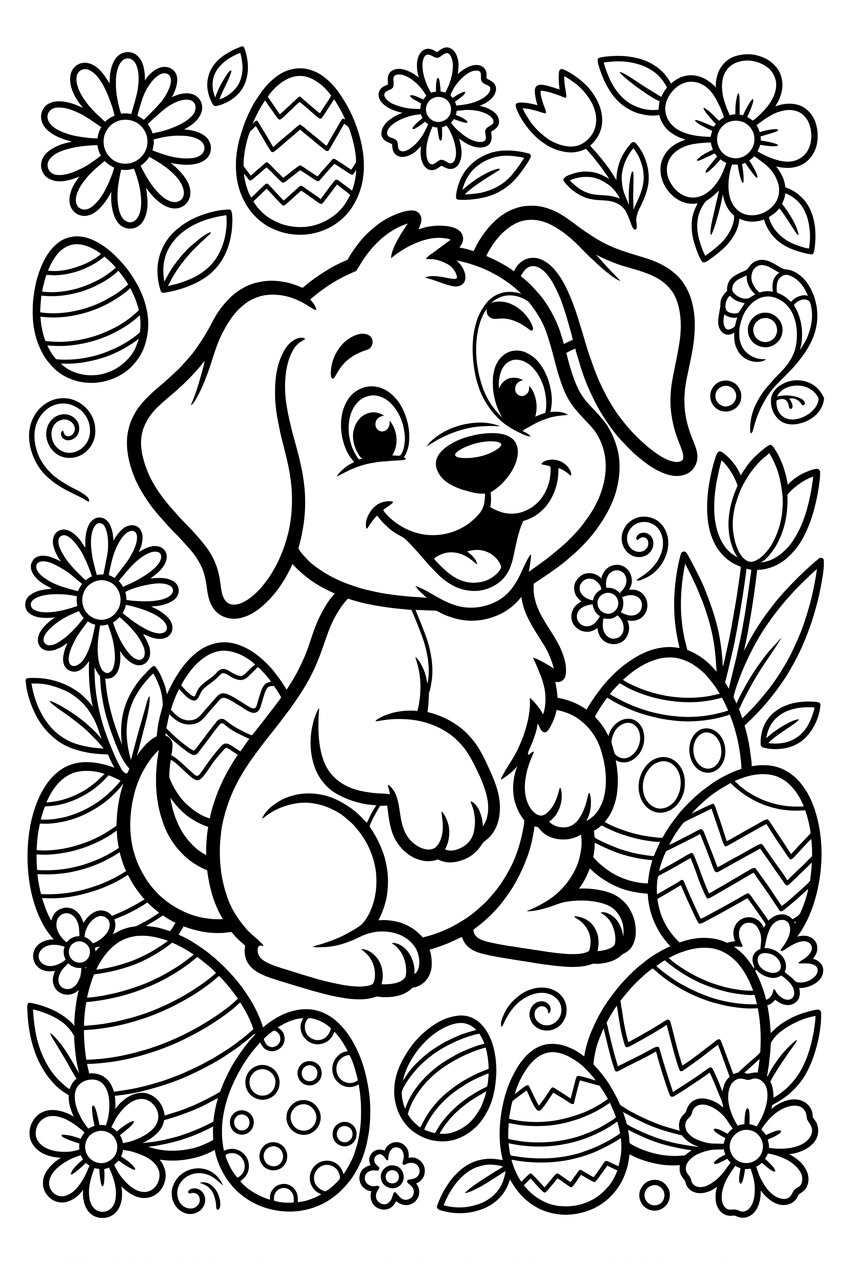 A happy puppy sitting among Easter eggs and flowers.