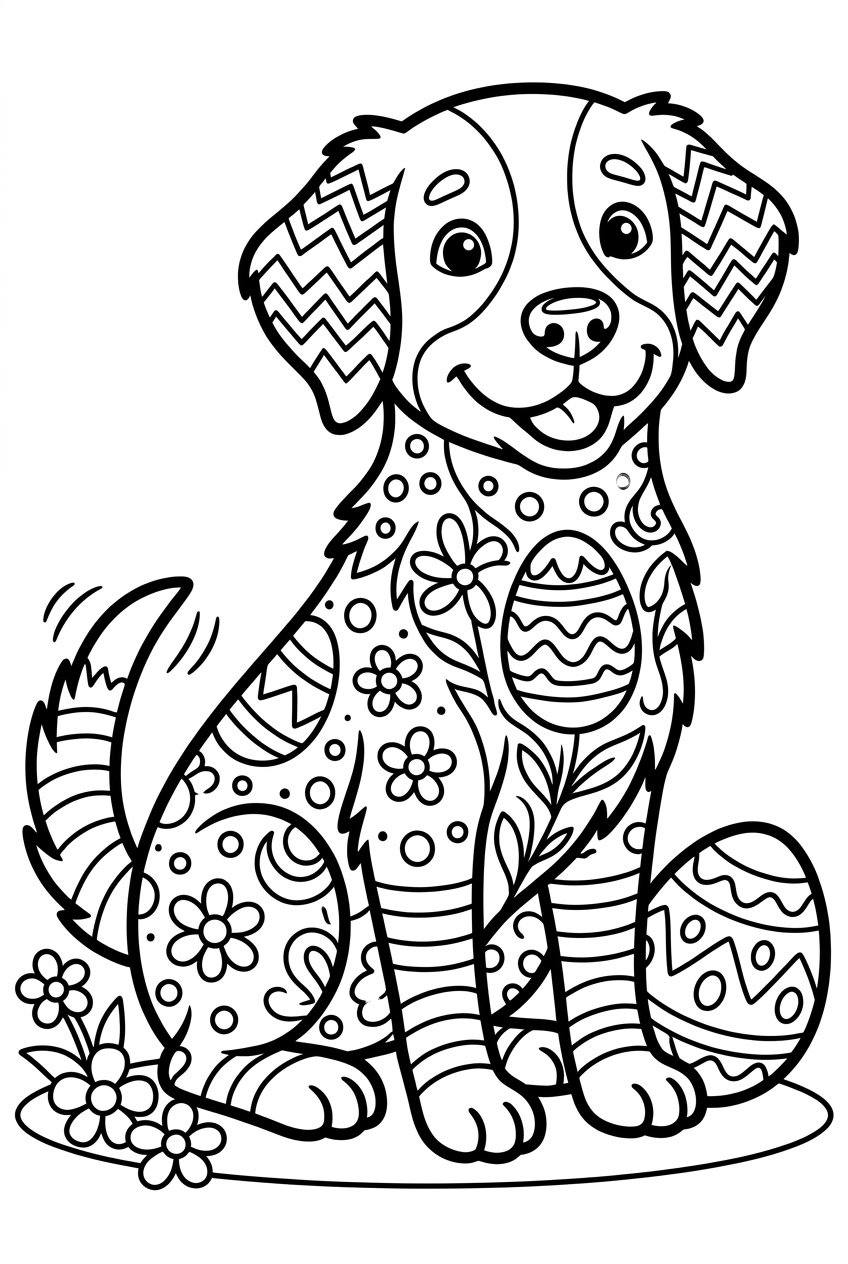 A friendly dog with patterned fur decorated with Easter-themed shapes, sitting or standing in a simple pose.