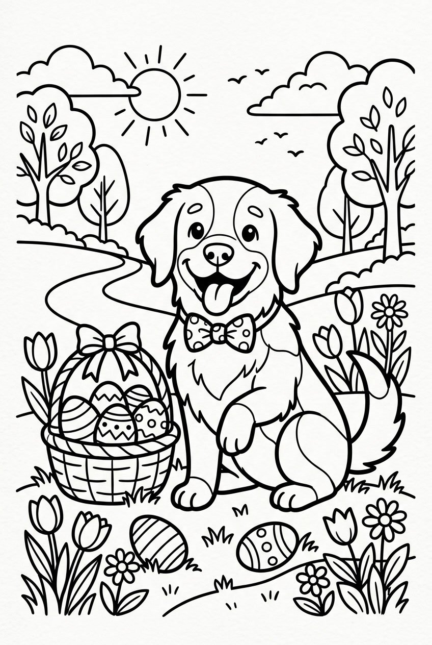 A happy dog sitting next to an Easter basket filled with eggs, surrounded by decorated Easter eggs and spring flowers.