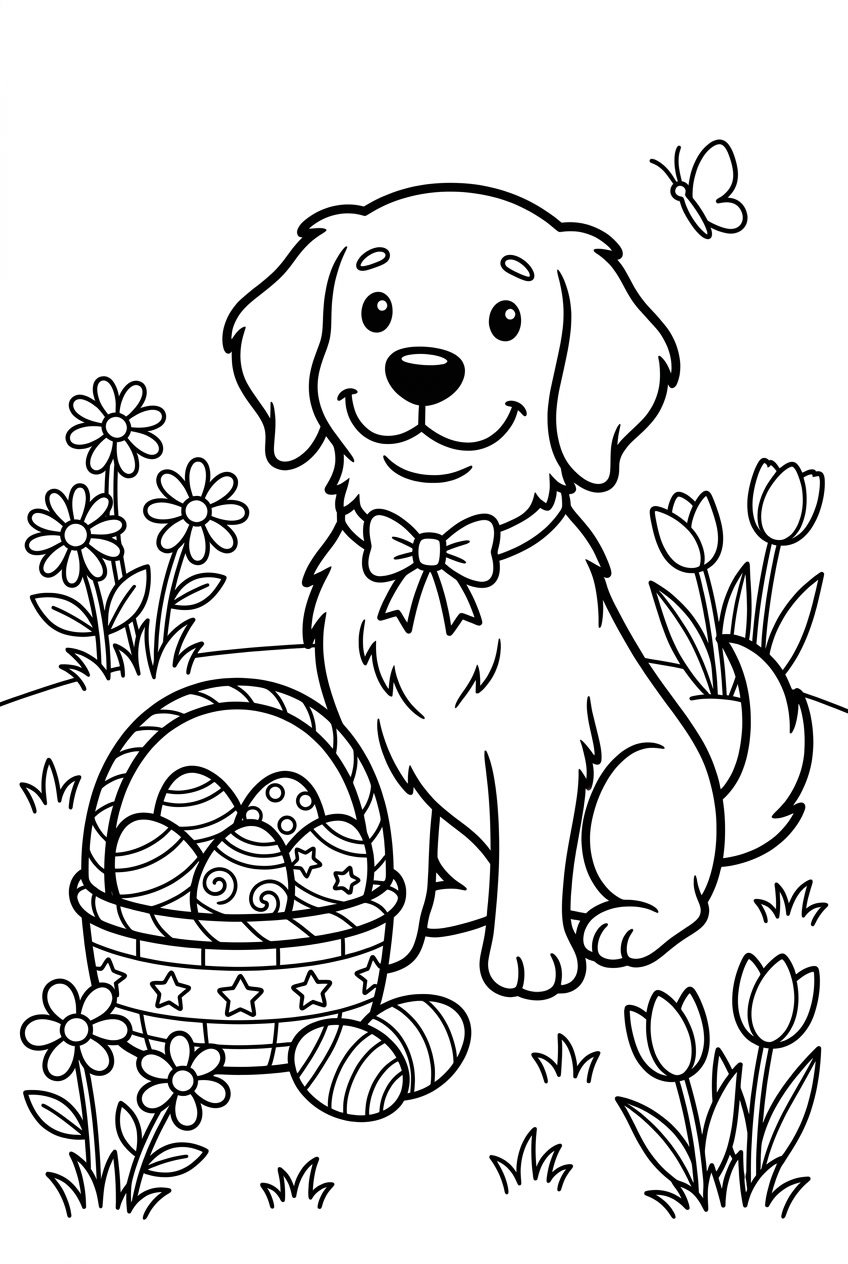 A happy dog surrounded by Easter eggs, a basket, and flowers.