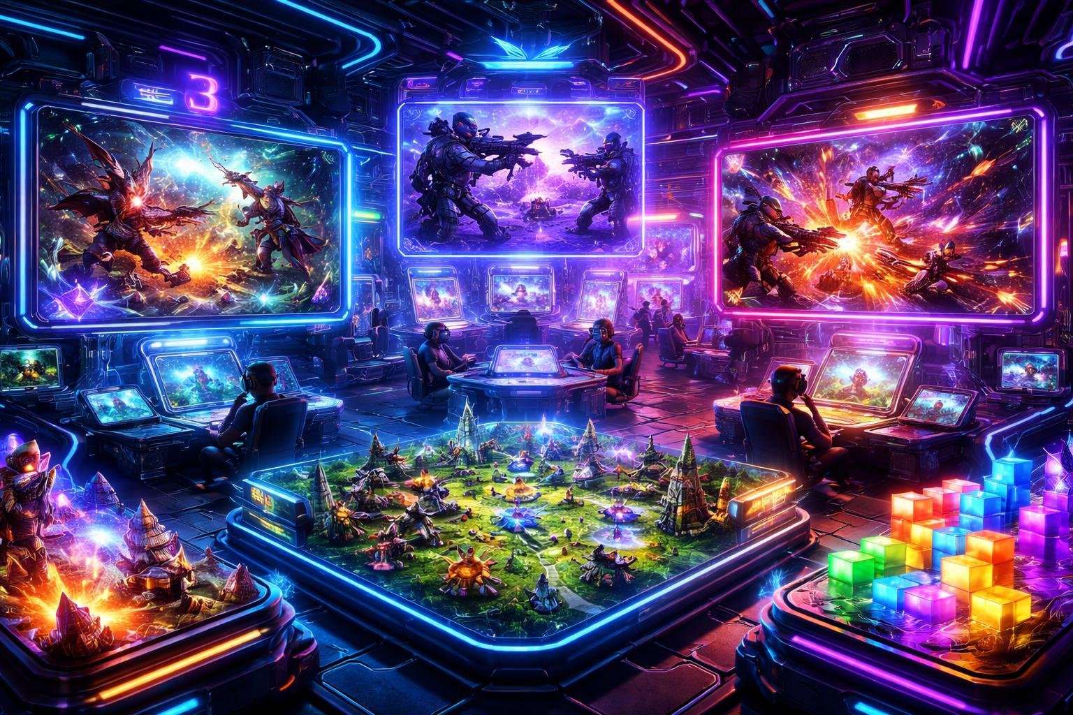 Lingkungan permainan digital dengan berbagai area yang menampilkan jenis-jenis game online seperti petualangan, tembak-menembak, strategi, dan teka-teki.