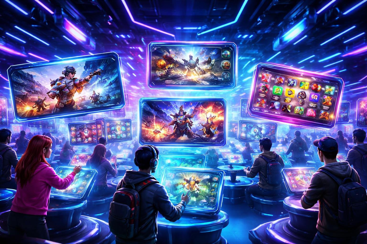 Suasana sebuah ruang permainan digital dengan berbagai antarmuka game online yang mengambang dan beberapa avatar pemain yang sedang berinteraksi.