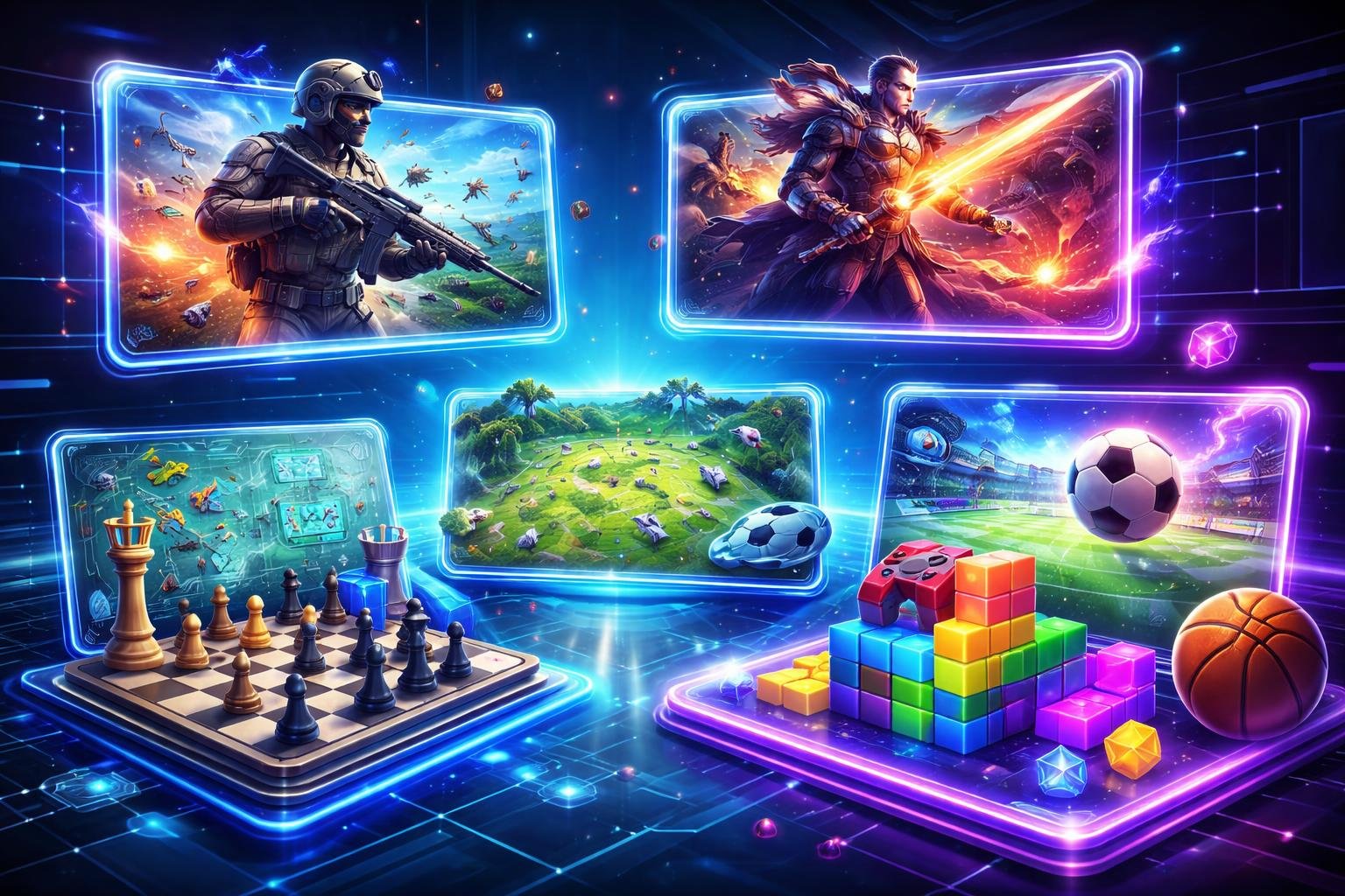 Adegan 3D yang menampilkan berbagai jenis game online populer dengan karakter dan simbol yang mewakili genre game yang berbeda dalam lingkungan digital futuristik.