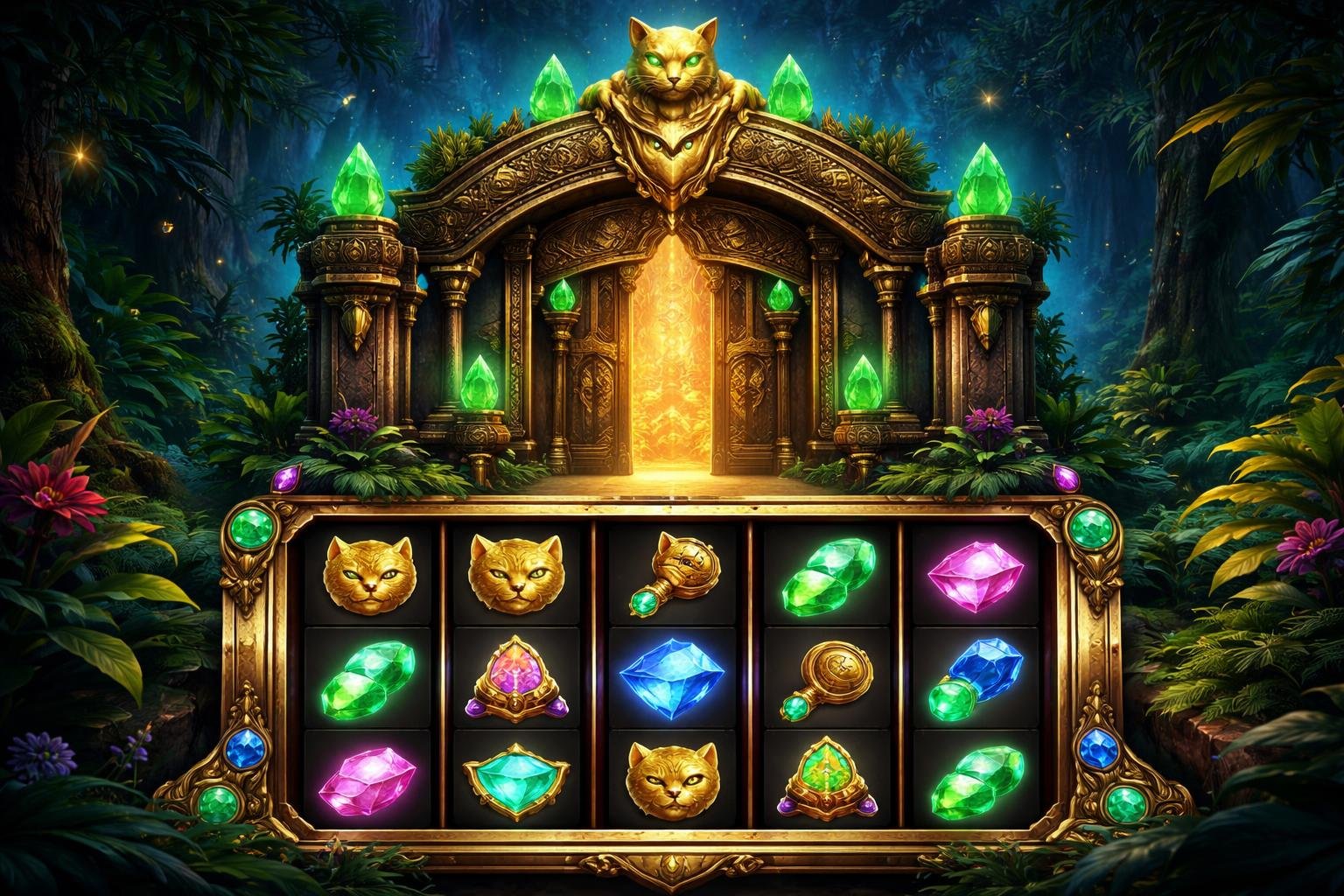Gerbang kuil kuno dengan motif kucing dan kristal hijau yang bersinar, di tengah hutan lebat dengan mesin slot yang menampilkan simbol kucing emas dan permata berkilau.