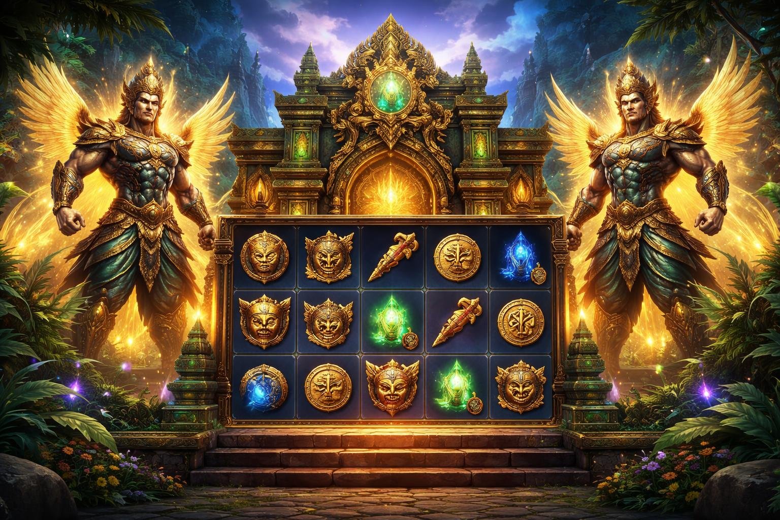 Pemandangan gerbang kuil kuno dengan patung Gatot Kaca dan mesin slot dengan simbol tradisional di sekitarnya.